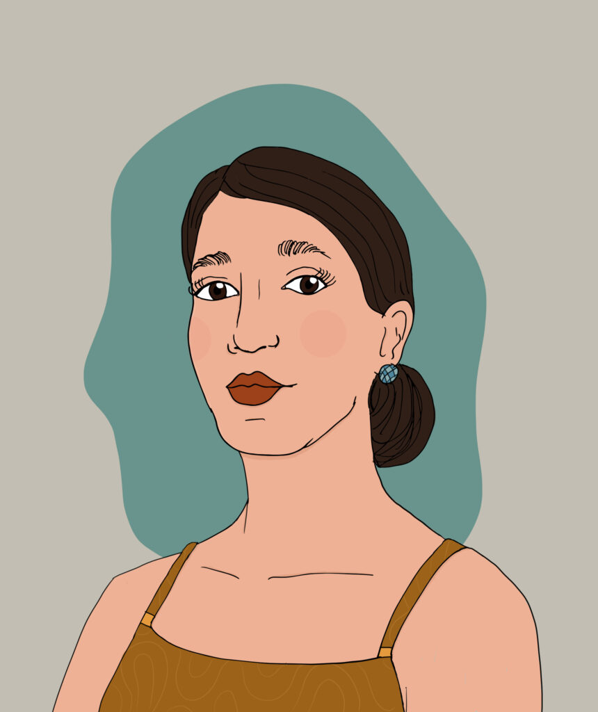 Kleurrijke illustratie van een licht getinte vrouw rond de 30 met lang zwart haar in een knot, donkere ogen voor een groene achtergrond