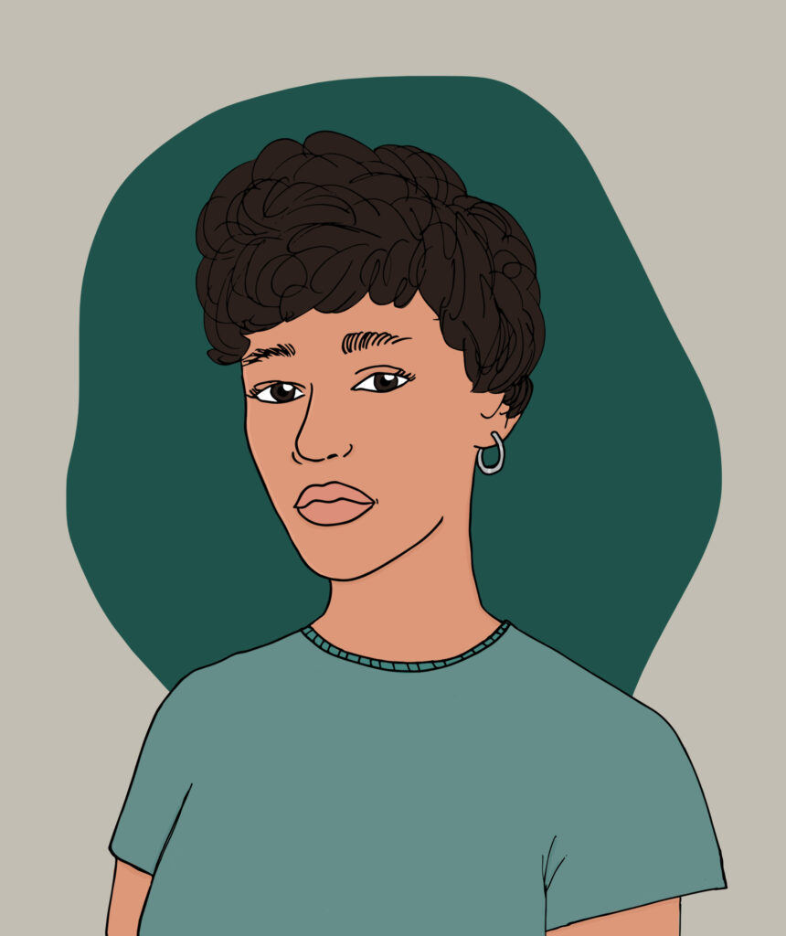 Kleurrijke illustratie van een jonge lichtbruine vrouw met kort zwart haar en donkere ogen voor een groene achtergrond
