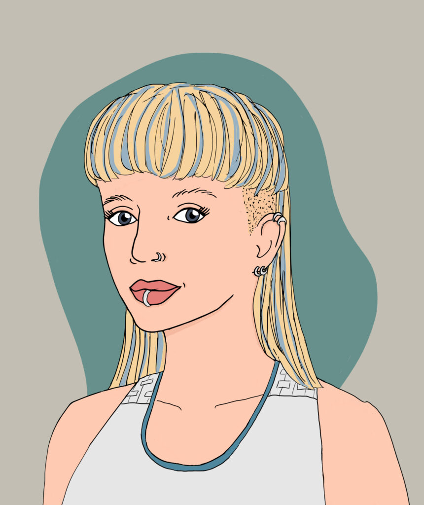 Kleurrijke illustratie van een jonge witte vrouw met lang blond haar met blauwe highlights, aan de zijkant opgeschoren en piercings in haar oren en onderlip, voor een groen achtergrond