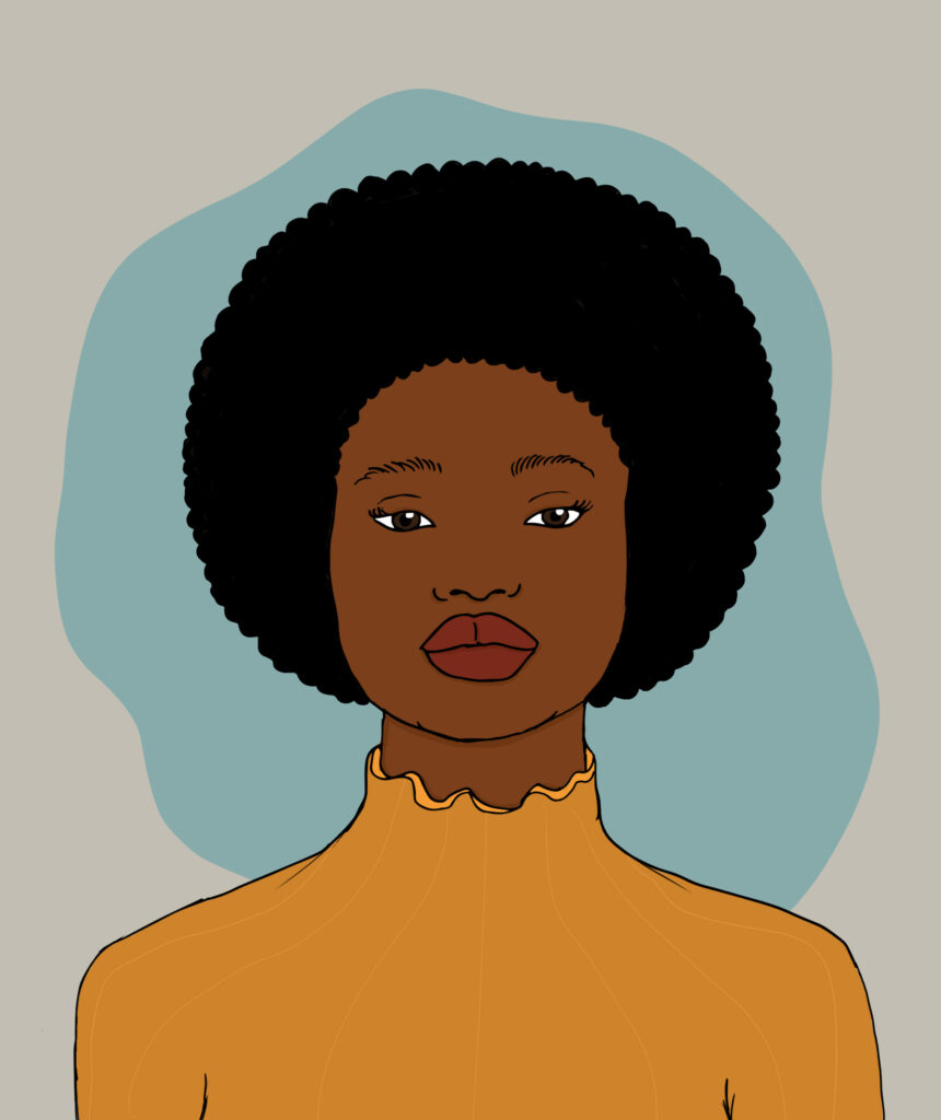 Kleurrijke illustratie van een licht bruine jonge vrouw met een kort zwart afrokapsel en bruine ogen voor een blauwe achtergrond
