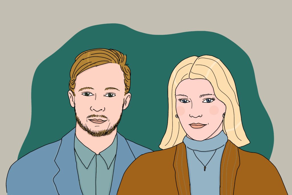 kleurrijke illustratie van stel Eline en Stefan. Eline (rechts) heeft halflang bond haar en blauwe ogen. Stefan (links) heeft donkerblond haar, bruine ogen en een baardje.