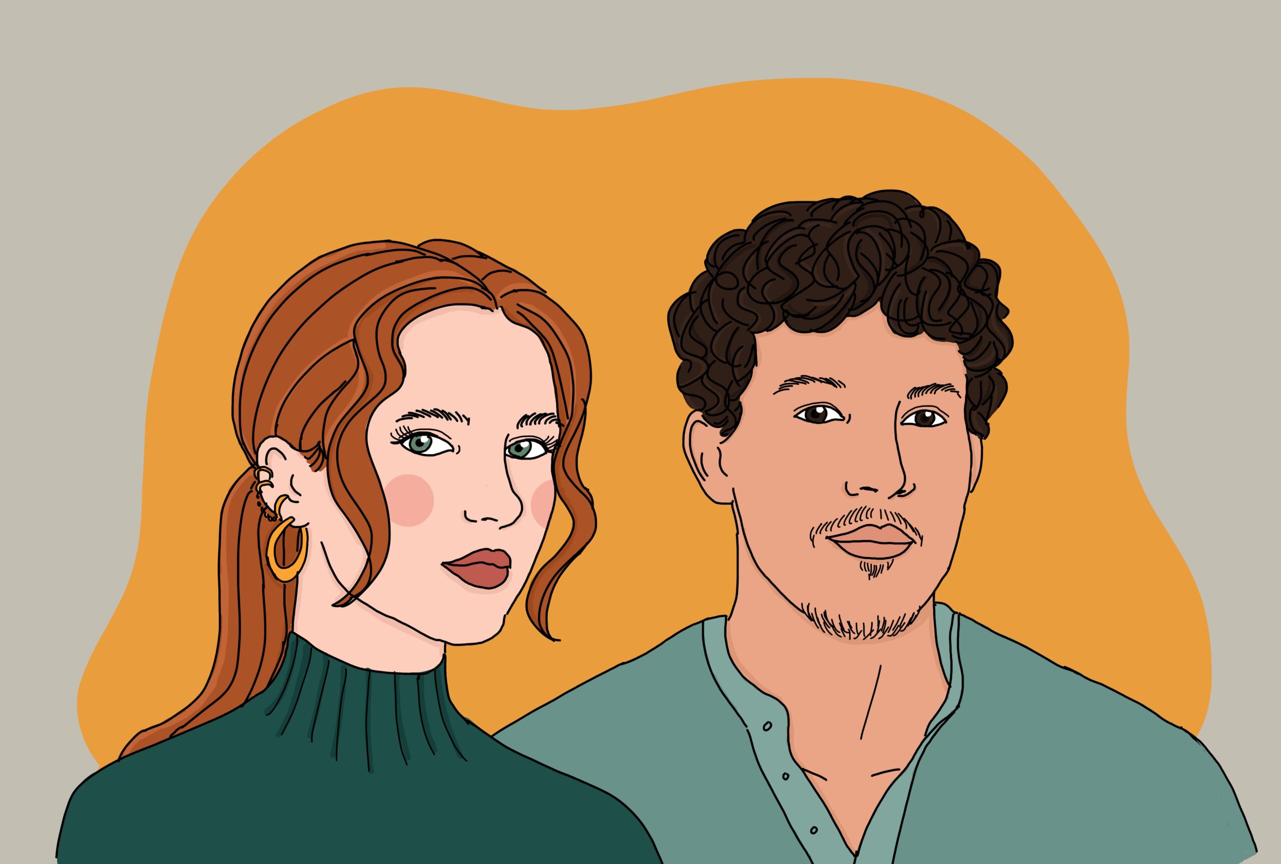 kleurrijke illustratie van stel: Eva em Dave. Eva (links) heeft rood haar en groene ogen, Dave (rechts) donkere krullen en bruine ogen.