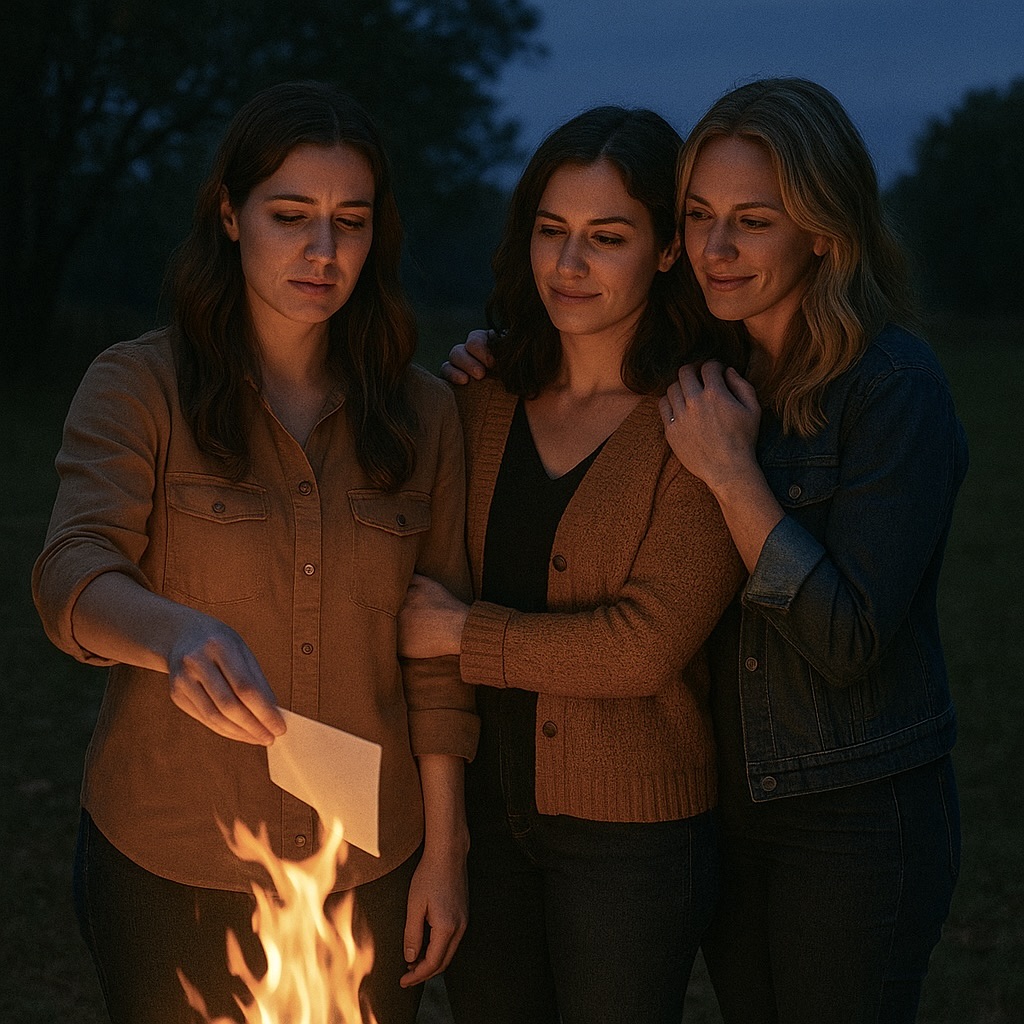 Drie jonge vrouwen staan rond een vuur. Eén van de vrouwen legt een brief in het vuur, de andere vrouwen staan troostend naast haar.