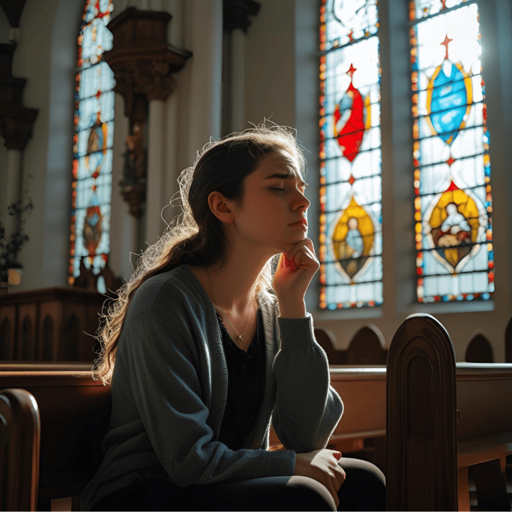 jonge vrouw met lang haar zit op een kerkbank met haar ogen dicht, gebrandschilderde ramen op de achtergrond