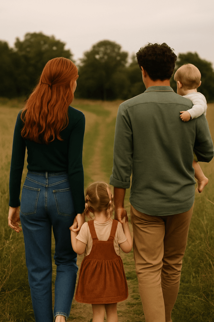 Foto van gezin dat in een veld loopt. Dave met kort donker haar, Eva lang rood haar. Een dochter van 2 loopt tussen hen in en Dave heeft een dochter van 1 op zijn arm