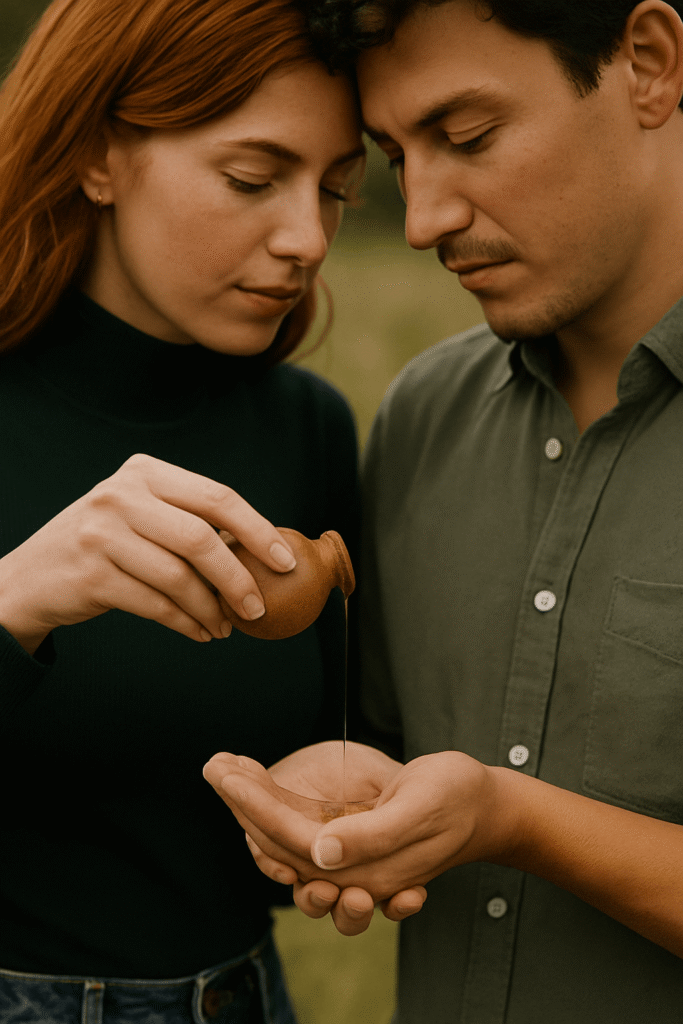 Eva, lang rood haar en Dave kort donker haar staan dicht bijenkaar. Eva schenkt olie over hun handen uit een klein kruikje